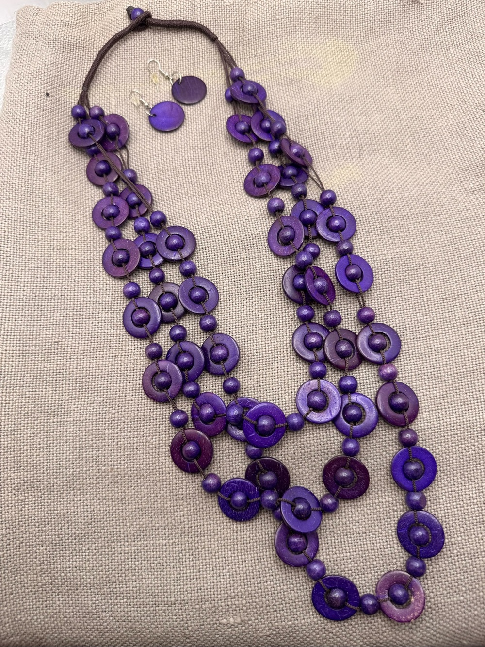 Purple Multi-Strand Wooden Disk Necklace and Earrings Set